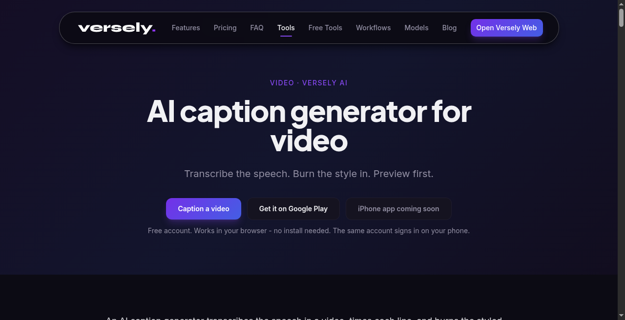 Versely AI caption generator interface